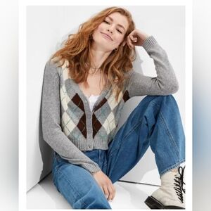 American Eagle Argyle Cropped Gray Sweater Preppy XS AEO